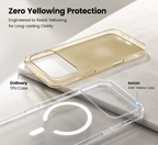 Phone case comparison showing ordinary TPU case and RAXZO anti-yellow case on a light gray background.